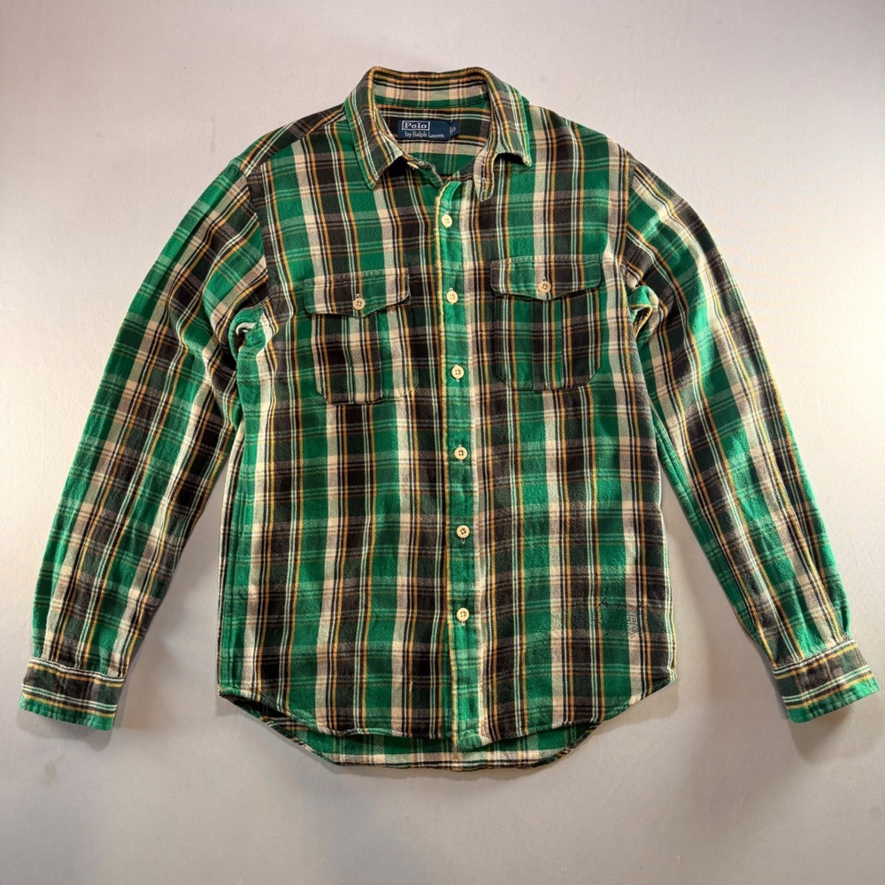 Vtg Ralph Lauren Flannel Shirt Mens S/M Green Plaid Cotton Outdoor Loop Collar
